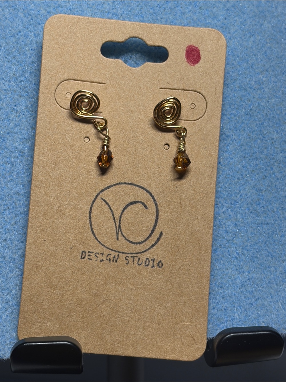Gold Spiral Drop Earrings with Amber Beads